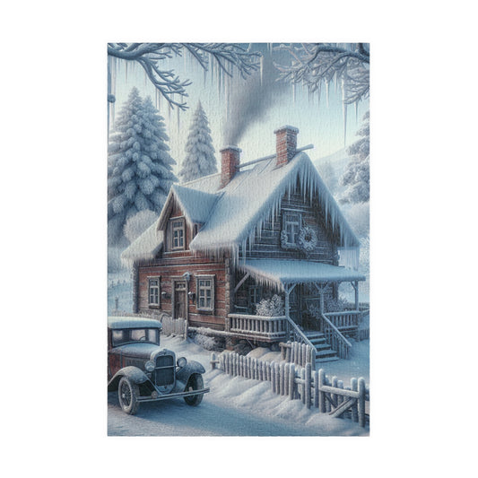 "Winter Charm Puzzle: Vintage Farmhouse & Car" - Puzzle